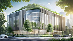 Ecological building in a modern city, 3D-rendering, a stable glass office building to reduce carbon dioxide, an office building