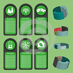 Ecological business green infographic with icons and 3d charts, flat design