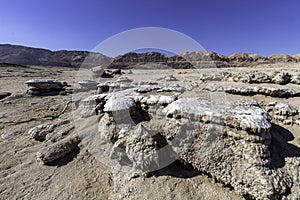 Ecological catastrophe of the Dead Sea. Erosion and salt formations on the surface of the earth.