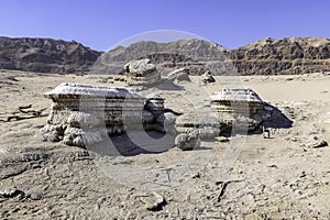 Ecological catastrophe of the Dead Sea. Erosion and salt formations on the surface of the earth.