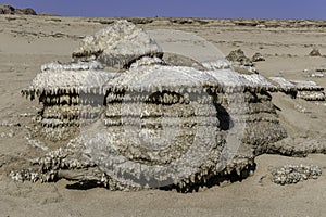 Ecological catastrophe of the Dead Sea. Erosion and salt formations on the surface of the earth.