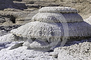 Ecological catastrophe of the Dead Sea. Erosion and salt formations on the surface of the earth.