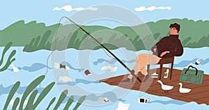 Ecological catastrophe and water contamination concept. Fisherman catching fish at dirty river contaminated with plastic