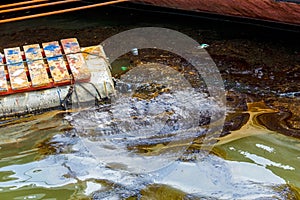 Ecological catastrophy. Close-up. Spill of oil products into the sea.