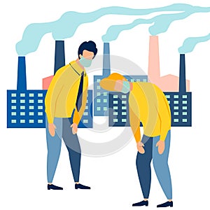 Ecological catastrophy. People are choking on the smoke of the plant. In minimalist style Cartoon flat Vector