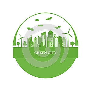 Ecological city and environment conservation. Concept green city with renewable energy sources. Green city with trees, wind energy