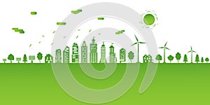 Ecological city and environment conservation. Concept green city with renewable energy sources. Green city with trees, wind energy