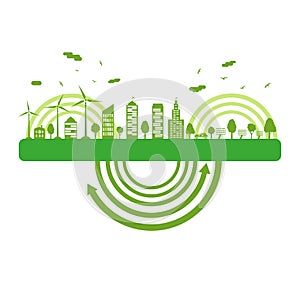 Ecological city and environment conservation. Concept green city with renewable energy sources. Vector illustration of ecology