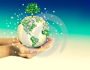 Ecological concept of the environment with the cultivation of trees on the ground in the hands. Planet Earth. Physical