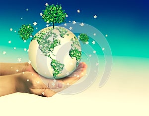 Ecological concept of the environment with the cultivation of trees on the ground in the hands. Planet Earth. Physical