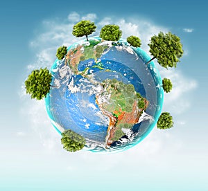 Ecological concept of the environment with the cultivation of trees . Planet Earth. Physical globe of the earth