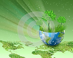 Ecological concept of the environment with the cultivation of trees . Planet Earth. Physical globe of the earth