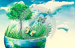Ecological concept of the environment with the cultivation of trees. Planet Earth. Physical globe of the earth. Elements