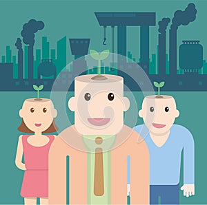 Ecological concept with Plant on head people and factory polluti