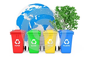 Ecological Concept. Red, Green, Yellow and Blue Recycle Bins with Recycle Symbols, Earth Globe and Green Tree. 3d Rendering