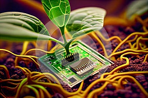 Ecological concert. Green sprout from a computer processor. Generative AI, Generative, AI