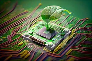 Ecological concert. Green sprout from a computer processor. Generative AI, Generative, AI