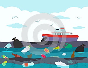 Ecological disaster in the ocean, oil leakage from the ship tanker. against the background of a polluted ocean with
