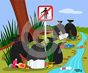 Ecological disaster from plastic waste in the forest. forest landscape garbage dump and trash bags in the river. Stop trash sign