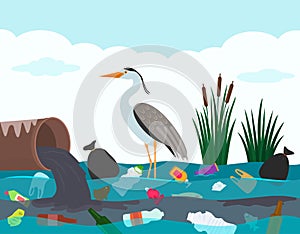 Ecological disaster of plastic waste in the river. A heron bird stands in a lake polluted with plastic debris and dead photo