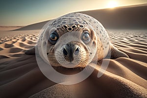 Ecological disaster of wild life, climate change, global warming concept. Portrait of cute mournful tiger seal lying on sand in