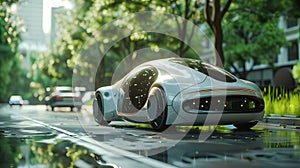 Ecological electric car on the background of the city of the future. Eco car