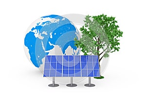 Ecological Energy Concept. Blue Solar Cell Pattern Panel, Earth Globe and Green Tree. 3d Rendering