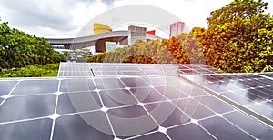 Ecological energy renewable solar panel plant with urban building landscape landmarks