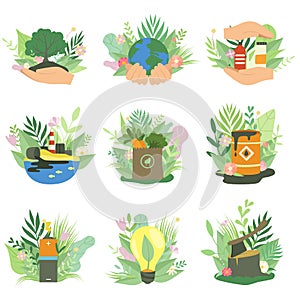 Ecological Environmental Problems and Alternative and Renewable Energy Resources Set, Ecology Concept Vector