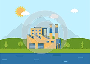Ecological factory near the river. Flat style. Environment.