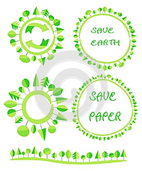 Ecological flat earth green tree circle recycle eco globe element