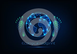 Ecological footprint concept with futuristic glow low polygonal planet Earth and human foot prints.