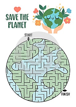 Ecological geometric maze for children shaped as a planet. Earth day preschool activity. Eco awareness or zero waste labyrinth