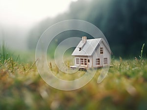 Ecological green wood model house in empty field