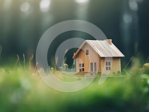 Ecological green wood model house in empty field