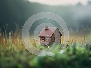 Ecological green wood model house in empty field