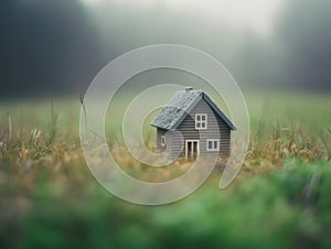 Ecological green wood model house in empty field