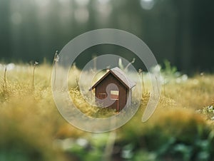 Ecological green wood model house in empty field