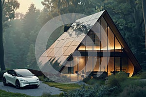 Ecological house with a car on the middle of a forest