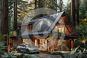 Ecological house with a car on the middle of a forest