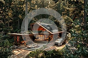 Ecological house with a car on the middle of a forest