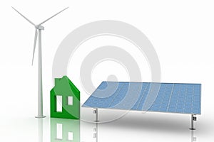 Ecological house with wind turbine and solar panel