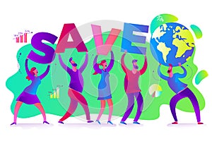 Ecological illustration. Earth day. Men and women are calling to save planet. Ecological thinking. Global warming, CO2. No plastic