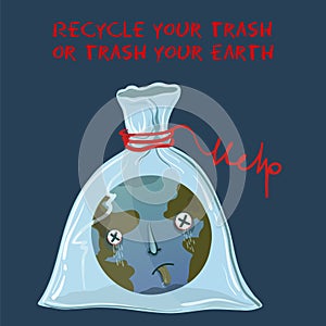 Ecological illustration of planet Earth that suffocated in a plastic bag