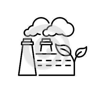 Ecological Industrial Production with Leaf Line Icon. Eco Factory Industry Building Linear Pictogram. Bio Power Station