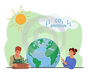 Ecological Issues, Global Warming, Environment Care, Day Of Earth Concept. Man And Woman Near Earth Globe