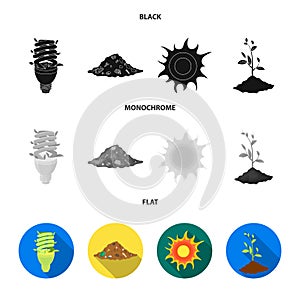 An ecological lamp, the sun, a garbage dump, a sprout from the earth.Bio and ecology set collection icons in black, flat