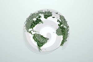 Ecological map of the world consisting of green grass and tropical leaves. Concept of recycling garbage, air purification. modern