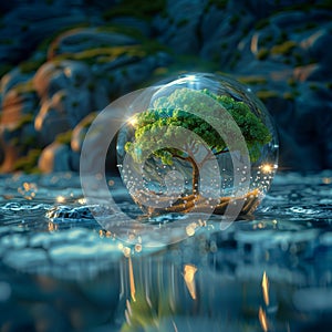 Ecological message tree within crystal ball, connecting nature and future