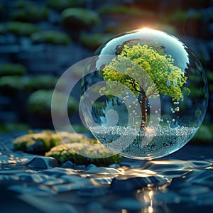 Ecological message tree within crystal ball, connecting nature and future